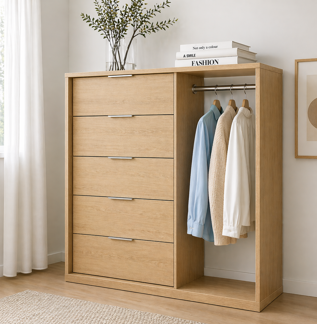 Normela Hybrid Storage Station | 5-Drawer Chest & Integrated Hanging Rail, 120x50x120cm