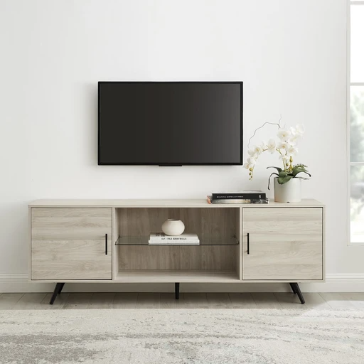 Liora Beige Wooden TV Unit with 2 Doors & Glass Shelf – 120x40x50cm
