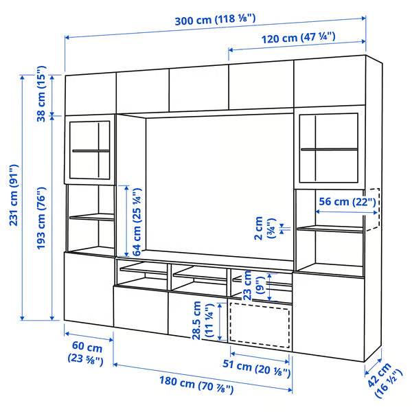 Delta TV storage combination with glass doors, 300x42x231 cm