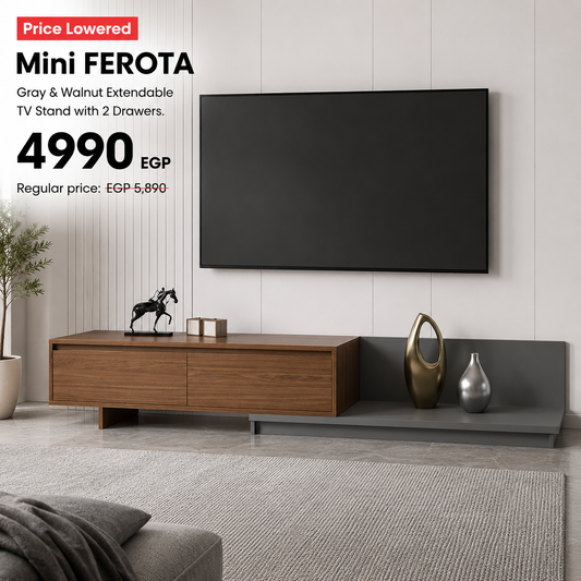 حامل تلفاز قابل للتمديد من Mini FEROTA باللون الرمادي والجوز مع درجين