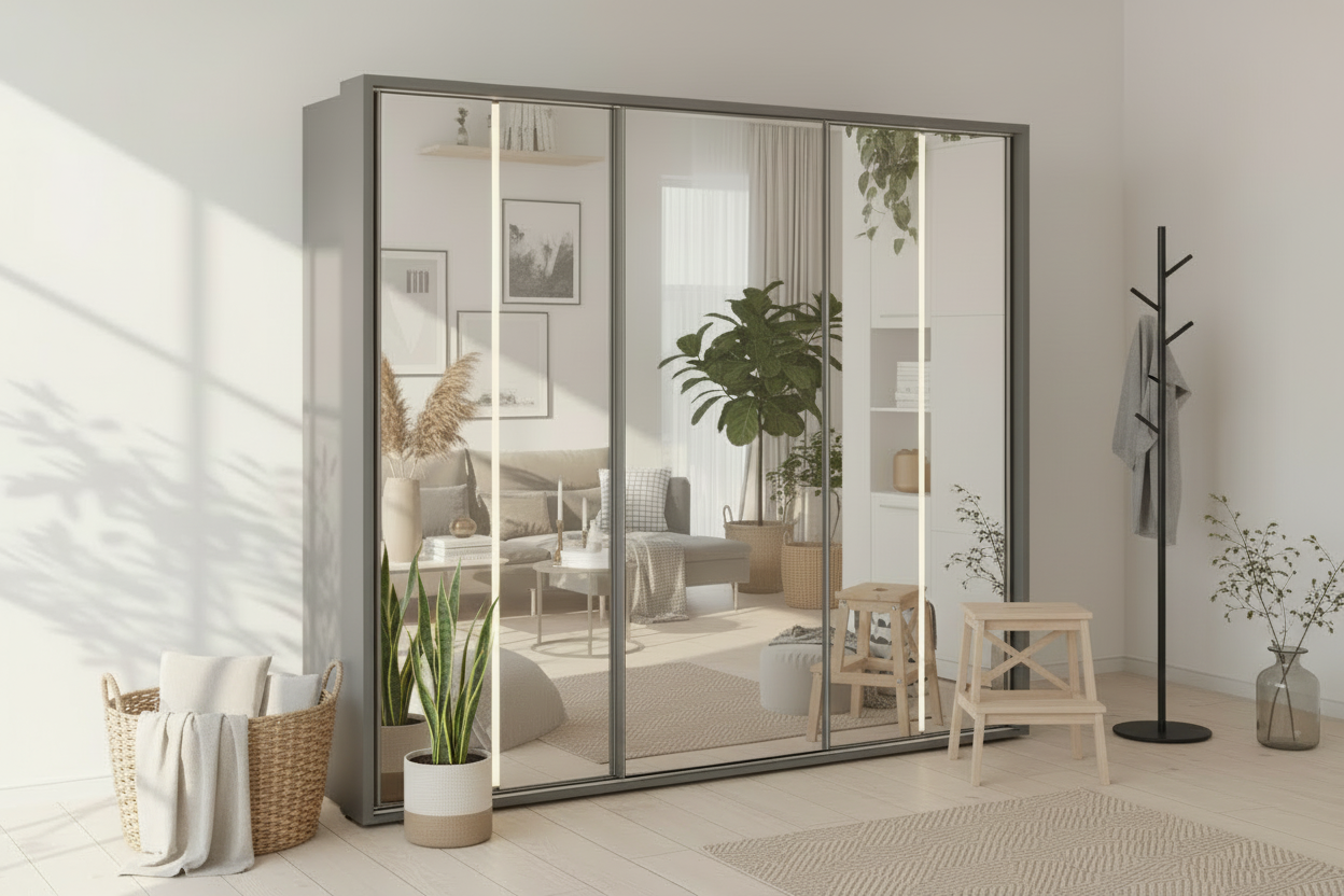 MDF Grey Wardrobe 3 Doors  - 220cm x 60cm x 240cm.