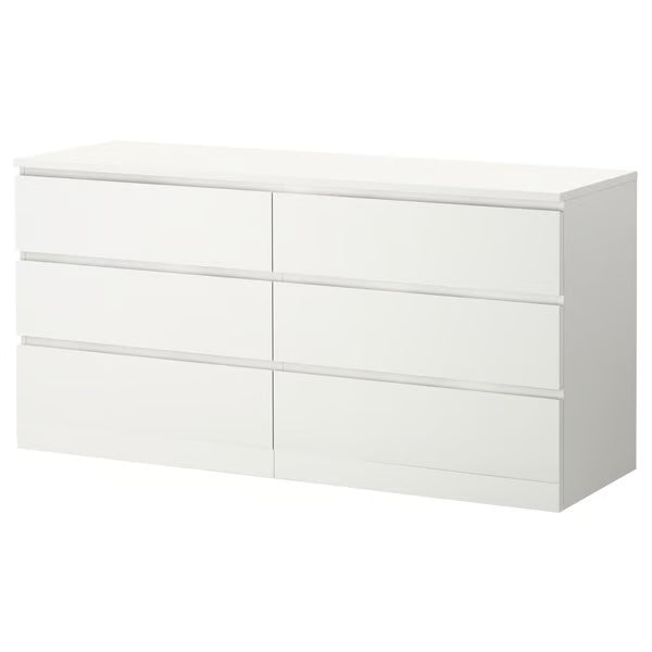 MDF White 6-Drawer Dresser - 160x45x78cm.
