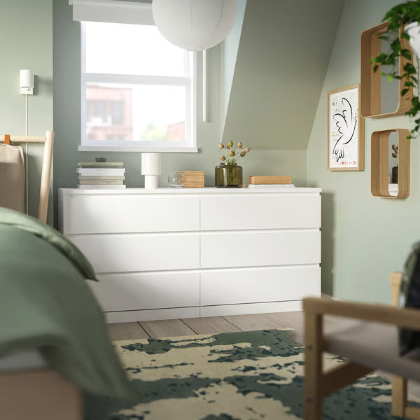 MDF White 6-Drawer Dresser - 160x45x78cm.