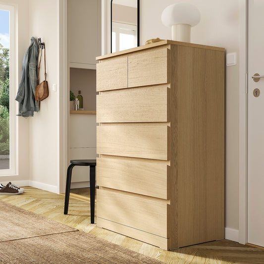Oak 6 Drawer Unit - 123cm × 45cm × 78cm.