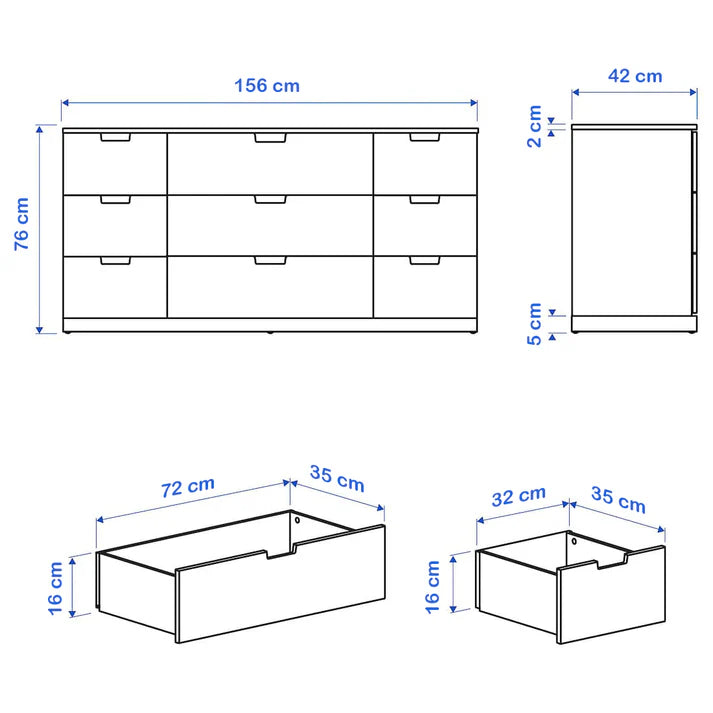 Storva Chest of 9 Drawer - 156×42×76cm