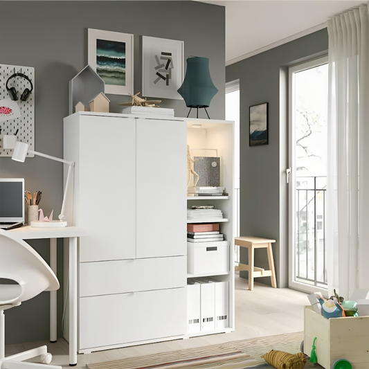 MDF White Storage Unit - 140cm ×37cm × 105cm.